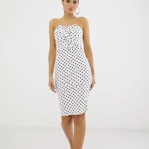 Polkadot strapless midi dress with twist detail